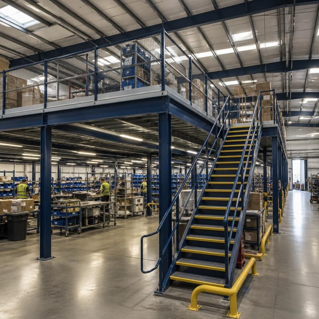 Mezzanine floor with stairs above warehouse storage and work areas