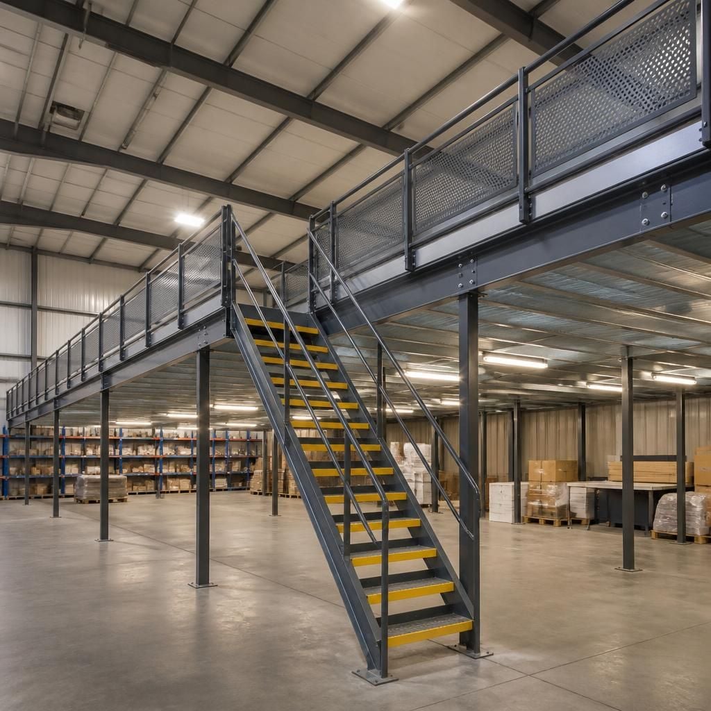 Steel mezzanine floor structure inside a warehouse