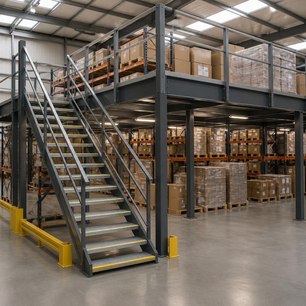 Mezzanine floor with stairs, guardrails and pallet storage in a warehouse