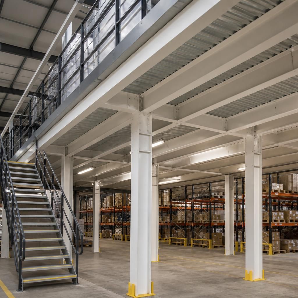 Mezzanine steel frame with protected beams, deck panels and access stairs inside a warehouse