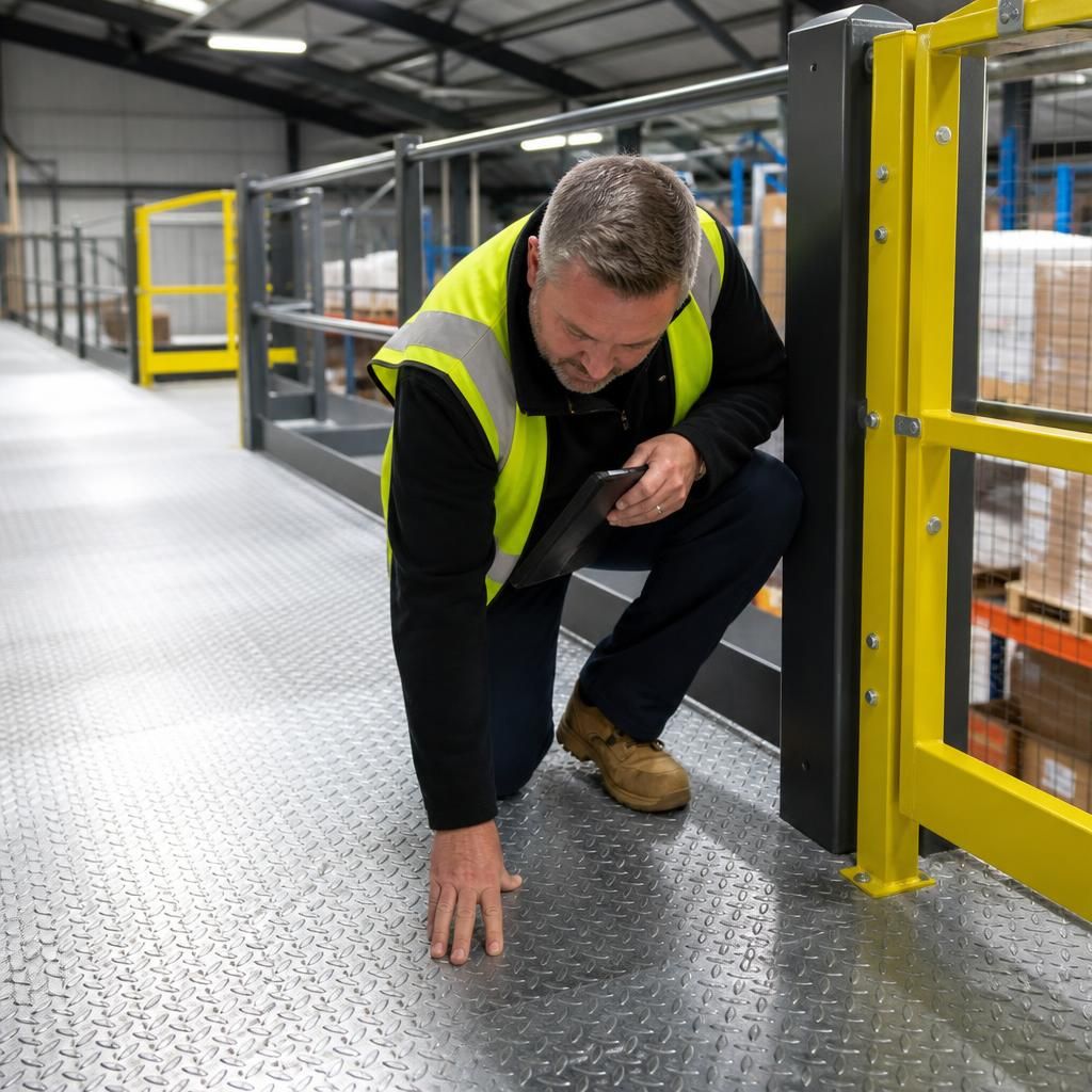 Inspector examining mezzanine floor decking, handrails and pallet gate