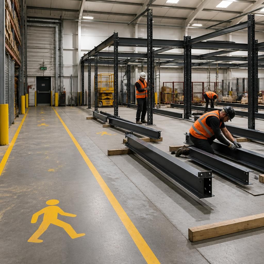 Installers assembling steel beams beside a marked warehouse access route