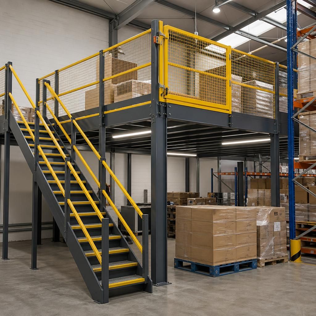 Industrial mezzanine with stairs, guardrails and pallet loading gate