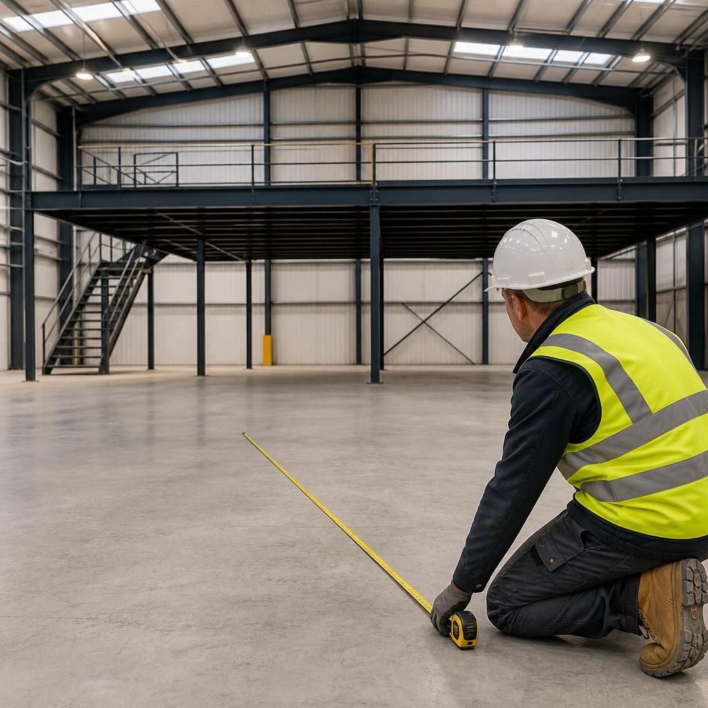 Surveyor measuring a warehouse floor beside a proposed mezzanine area