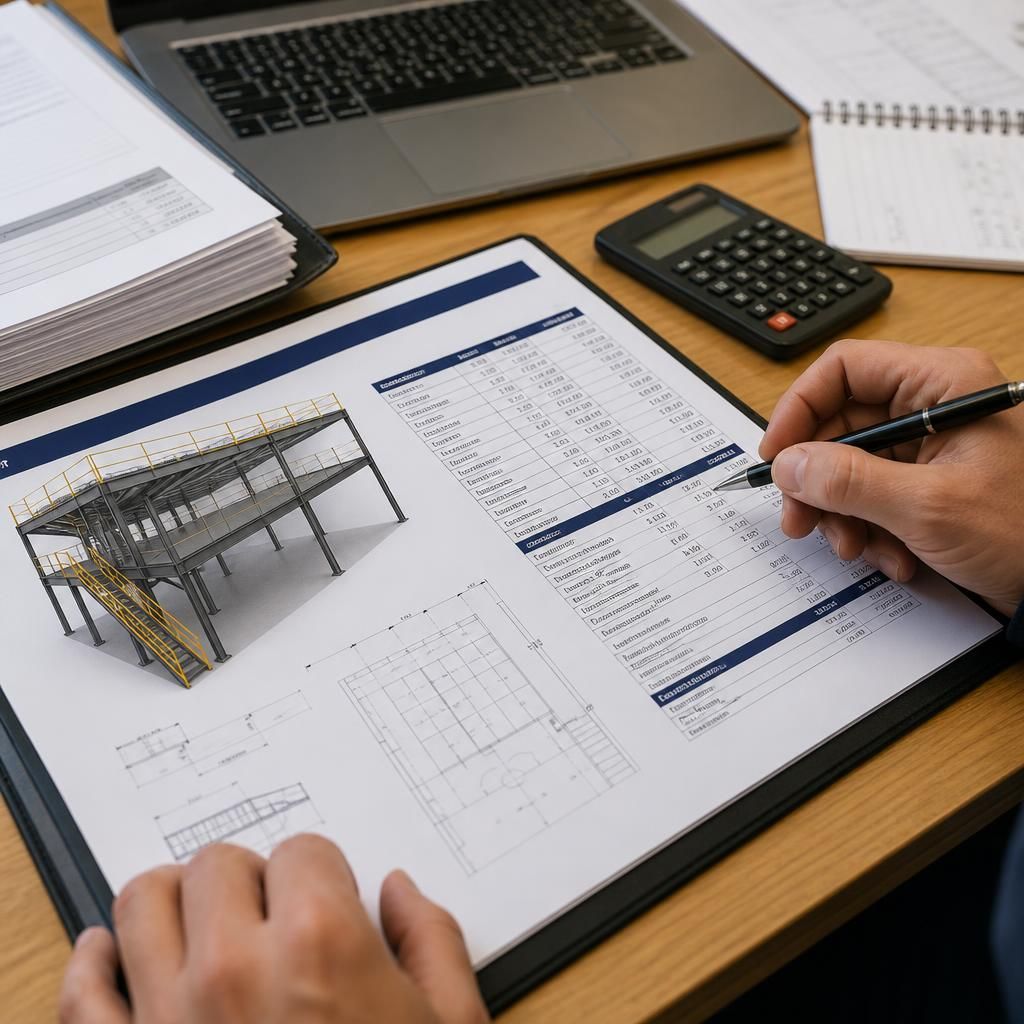 Mezzanine floor quotation with layout drawings and cost details on a desk
