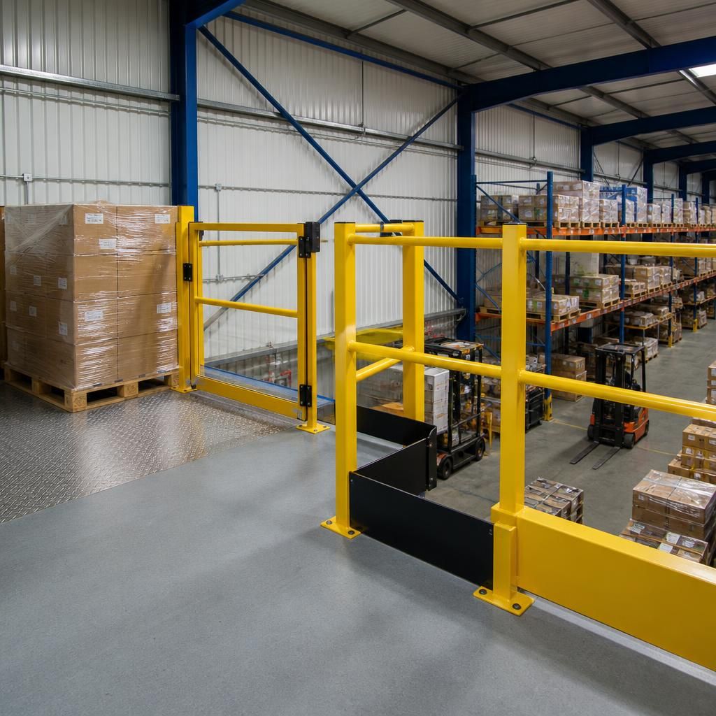 Mezzanine safety barrier beside a pallet loading gate and pedestrian walkway