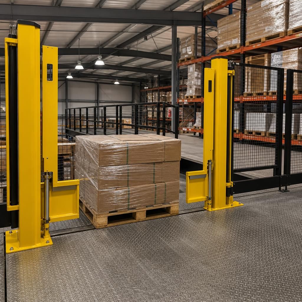 Counterbalanced pallet safety gate at a mezzanine loading edge