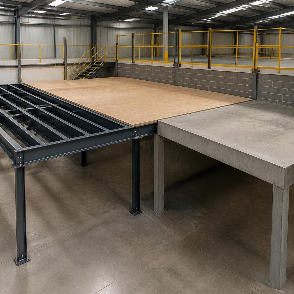 Steel frame, timber deck and concrete mezzanine floor sections in a warehouse