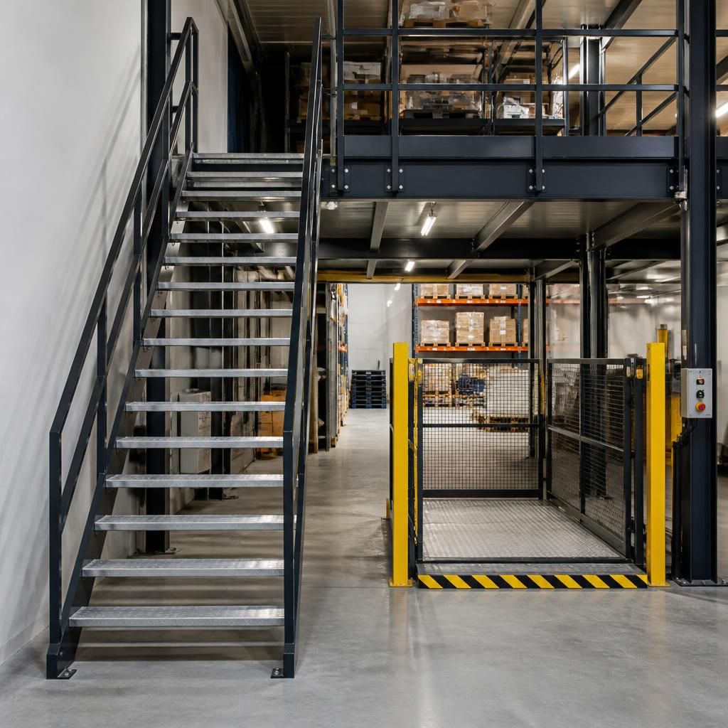 Stairs leading to a mezzanine floor beside a guarded loading gate