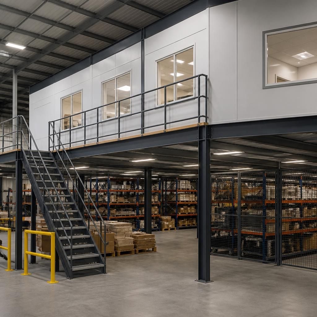 Steel mezzanine with partitions, stair access and storage areas in a warehouse
