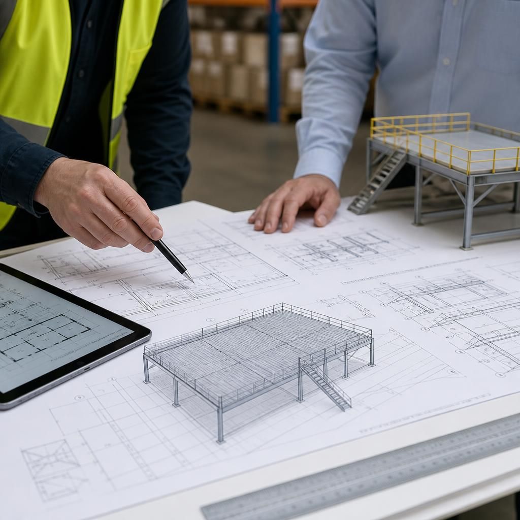 Mezzanine floor drawings beside a warehouse layout and structural plans