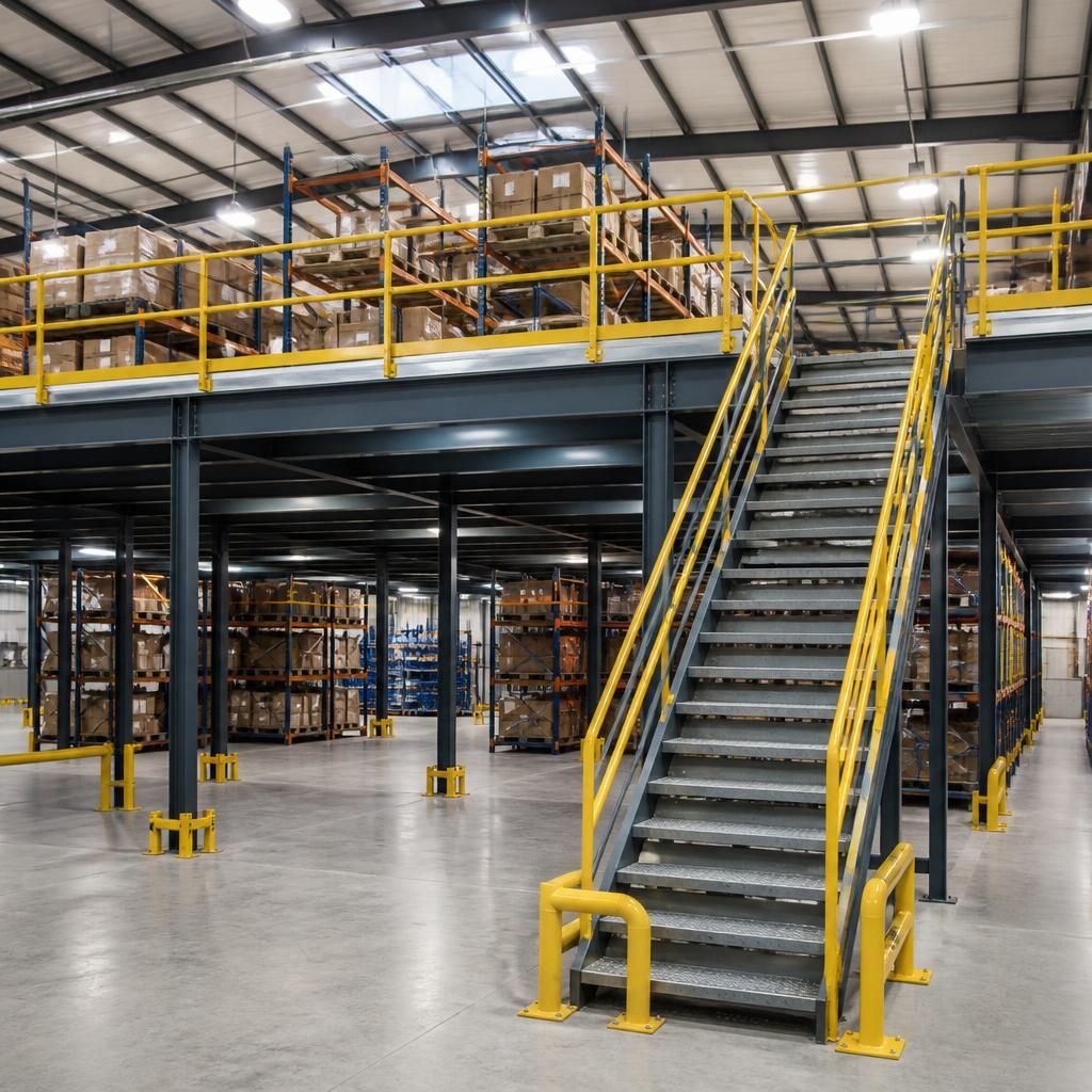 Mezzanine floor with pallet racking, stairs and safety barriers in a warehouse