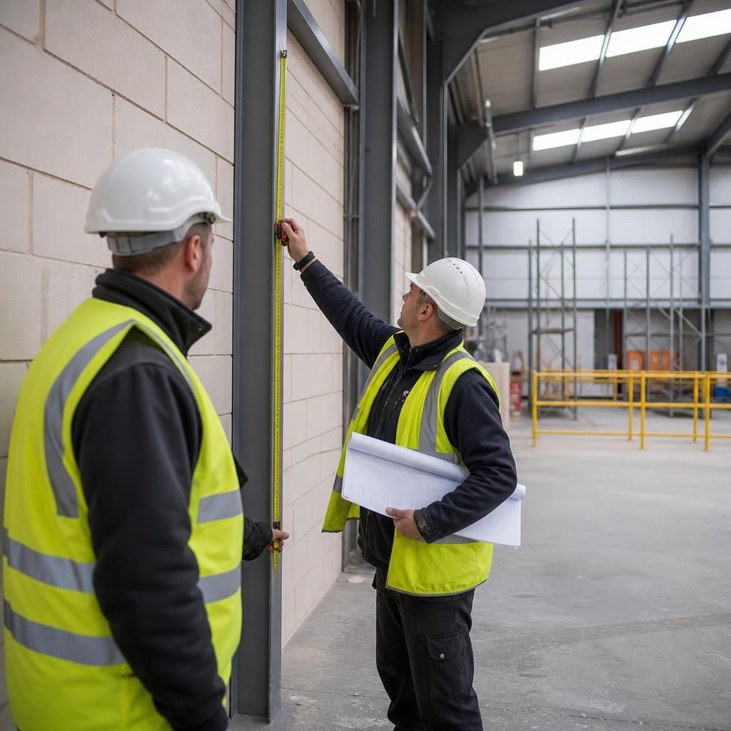 Workers checking building measurements before mezzanine floor installation