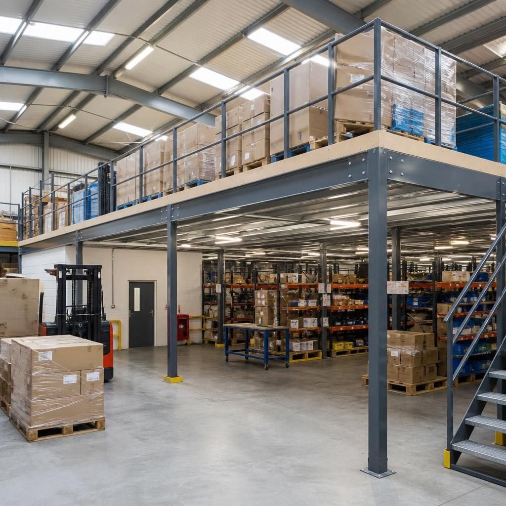 Mezzanine floor creating upper-level storage within a warehouse
