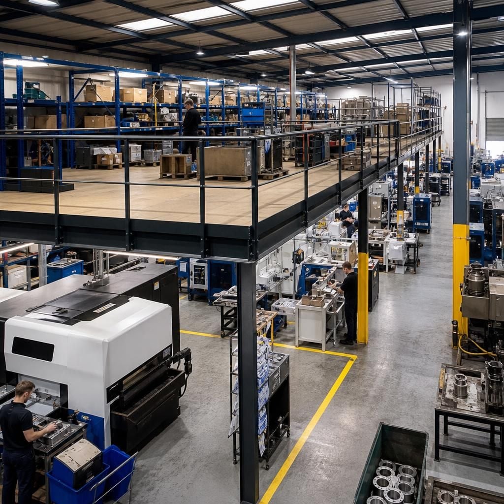 Industrial mezzanine floor supporting activities within a factory
