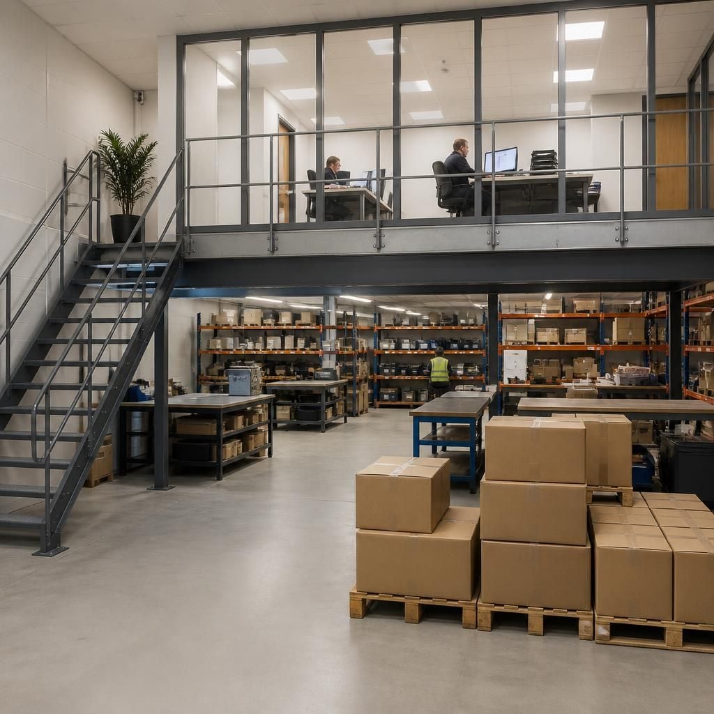 Office mezzanine floor creating a separate workplace within commercial premises