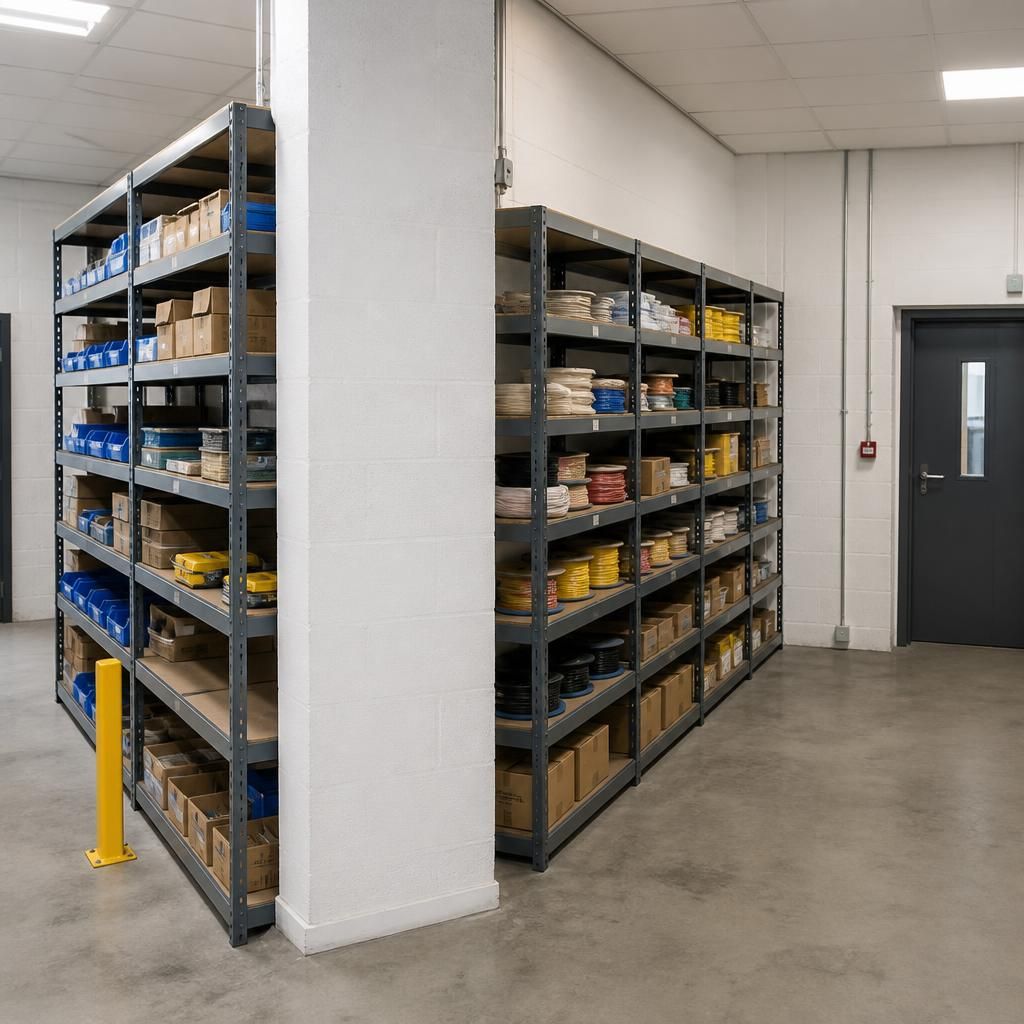 Shelving arranged around a structural column in an irregular warehouse layout