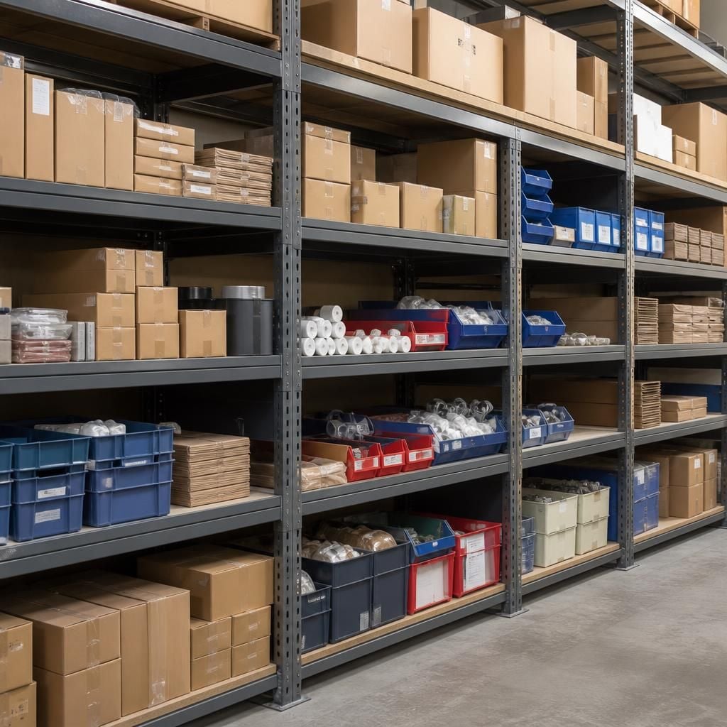 Heavy duty shelving holding cartons, boxes and varied stock sizes in separate compartments