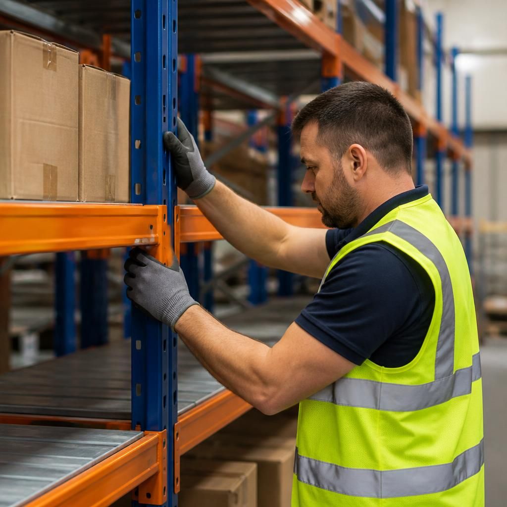 Worker adjusting shelf levels on heavy duty warehouse shelving