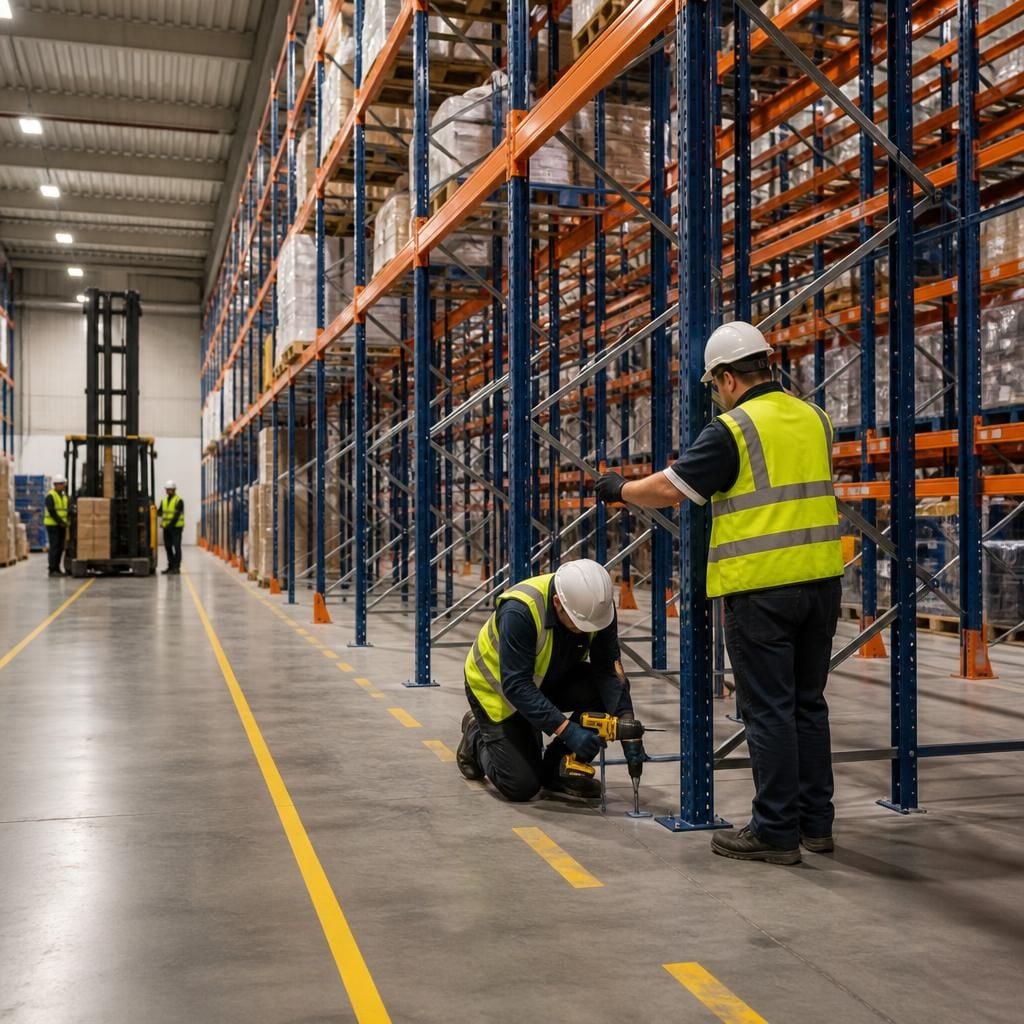 Workers assembling heavy duty warehouse shelving beside marked warehouse aisles