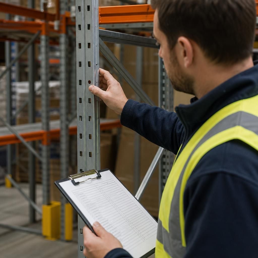 Warehouse worker inspecting shelf supports and upright frames with a checklist