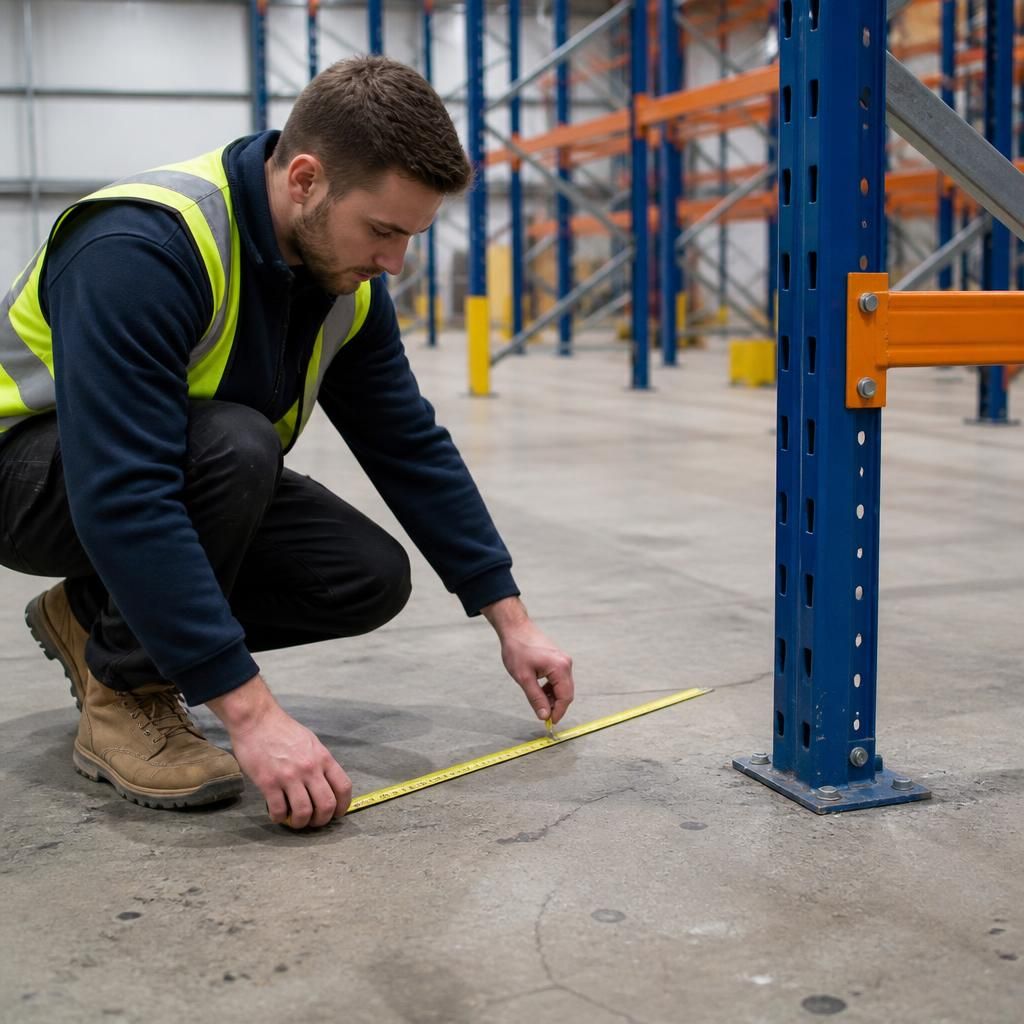 Installer measuring a warehouse floor beside heavy duty shelving uprights