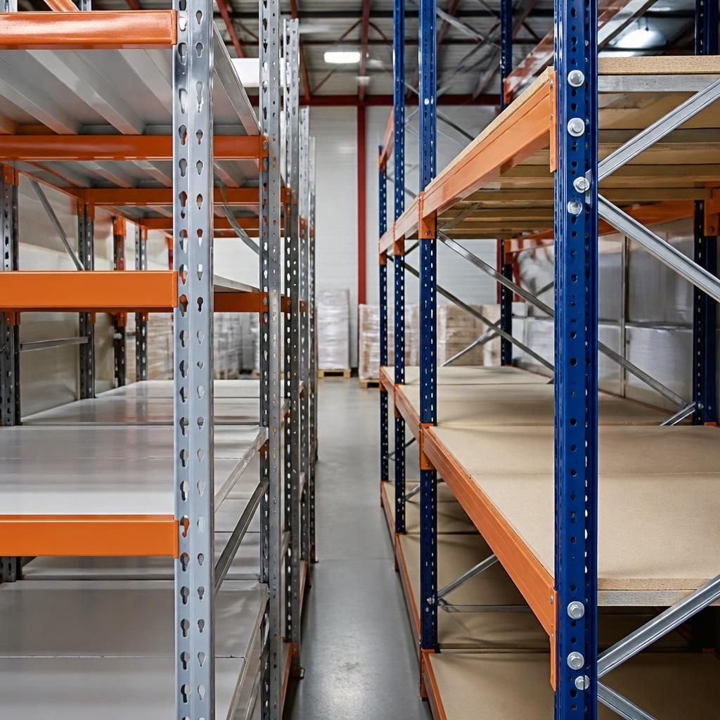 Boltless and bolted heavy duty shelving frames in a warehouse