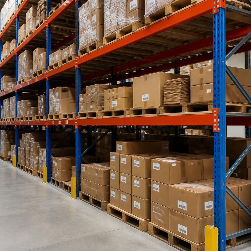 Heavy duty warehouse shelving holding boxed stock across multiple shelf levels