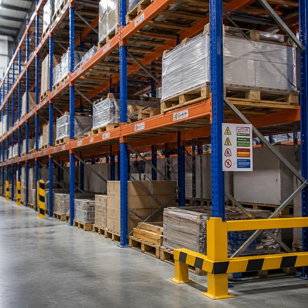 Heavy duty warehouse shelving with load labels, upright frames and protective barriers