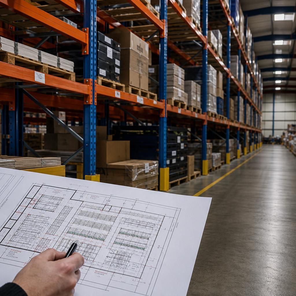 Heavy duty warehouse shelving bays beside a marked aisle and working drawing