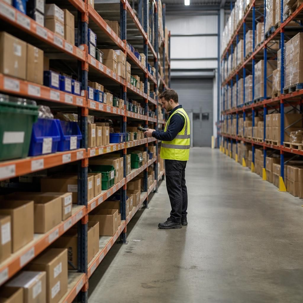 Warehouse aisle with heavy duty shelving holding cartons beside pallet racking