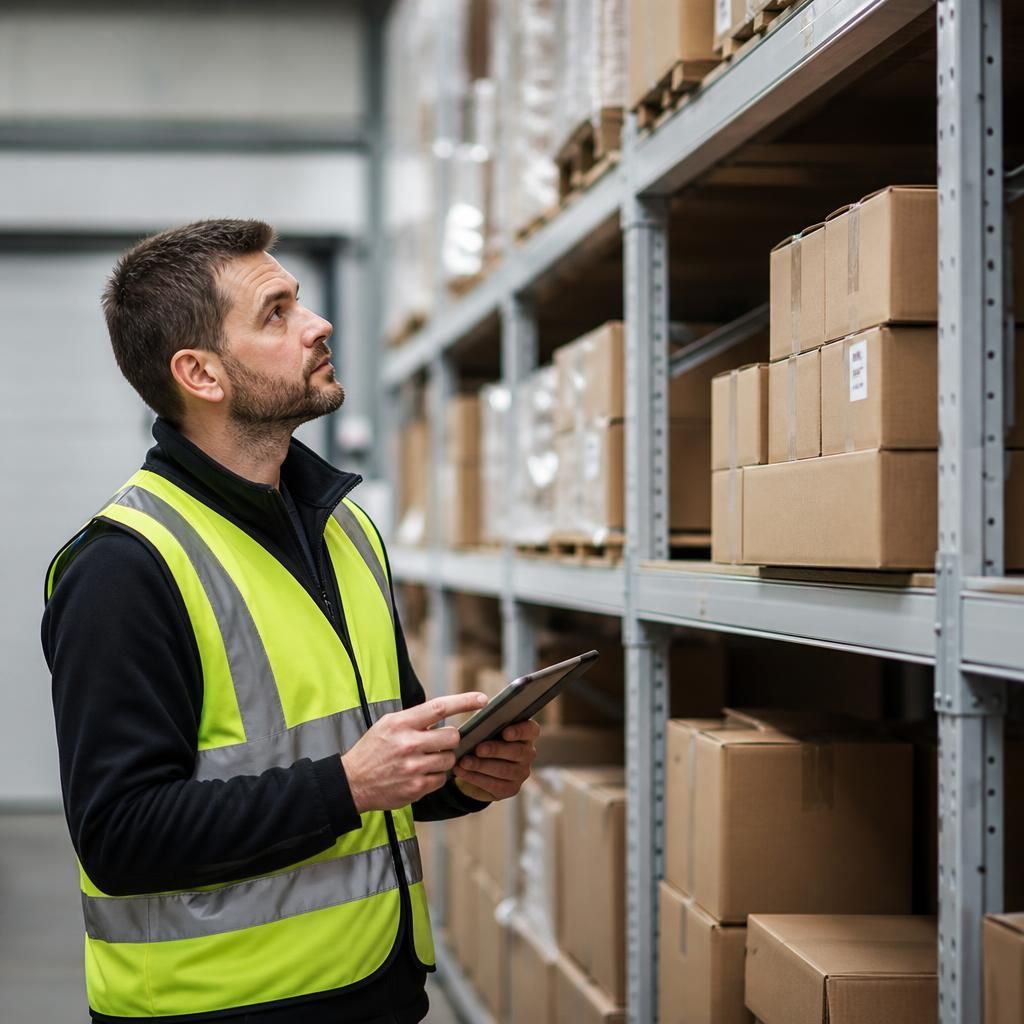 Worker inspecting cartons stored on warehouse shelving
