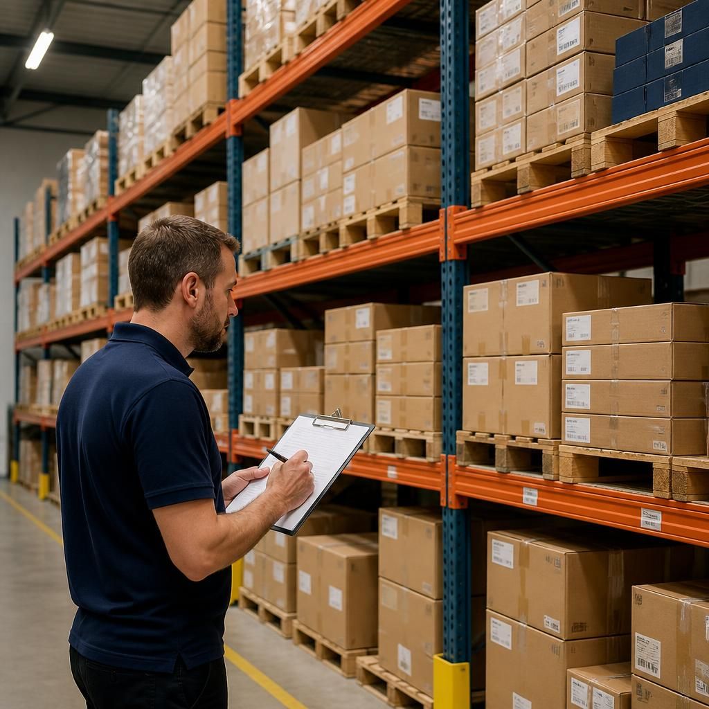 Warehouse shelving holding cartons and boxed stock across several shelf levels