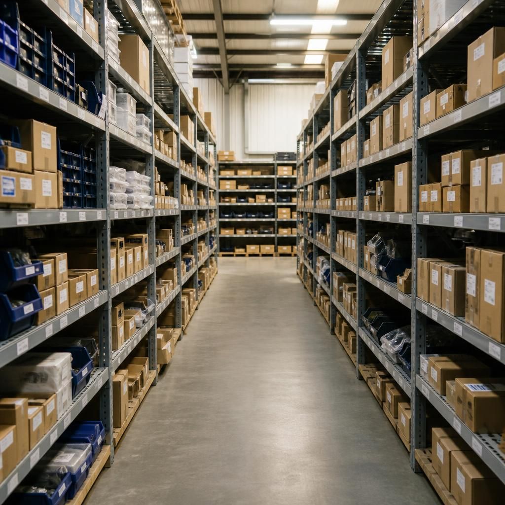 Shelving units with labelled boxes arranged along a clear warehouse aisle