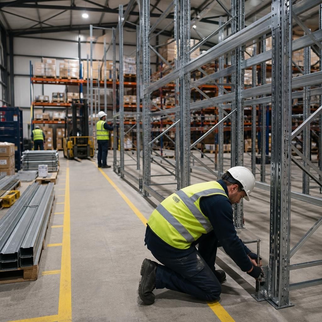 Installers assembling industrial shelving beside a marked warehouse aisle
