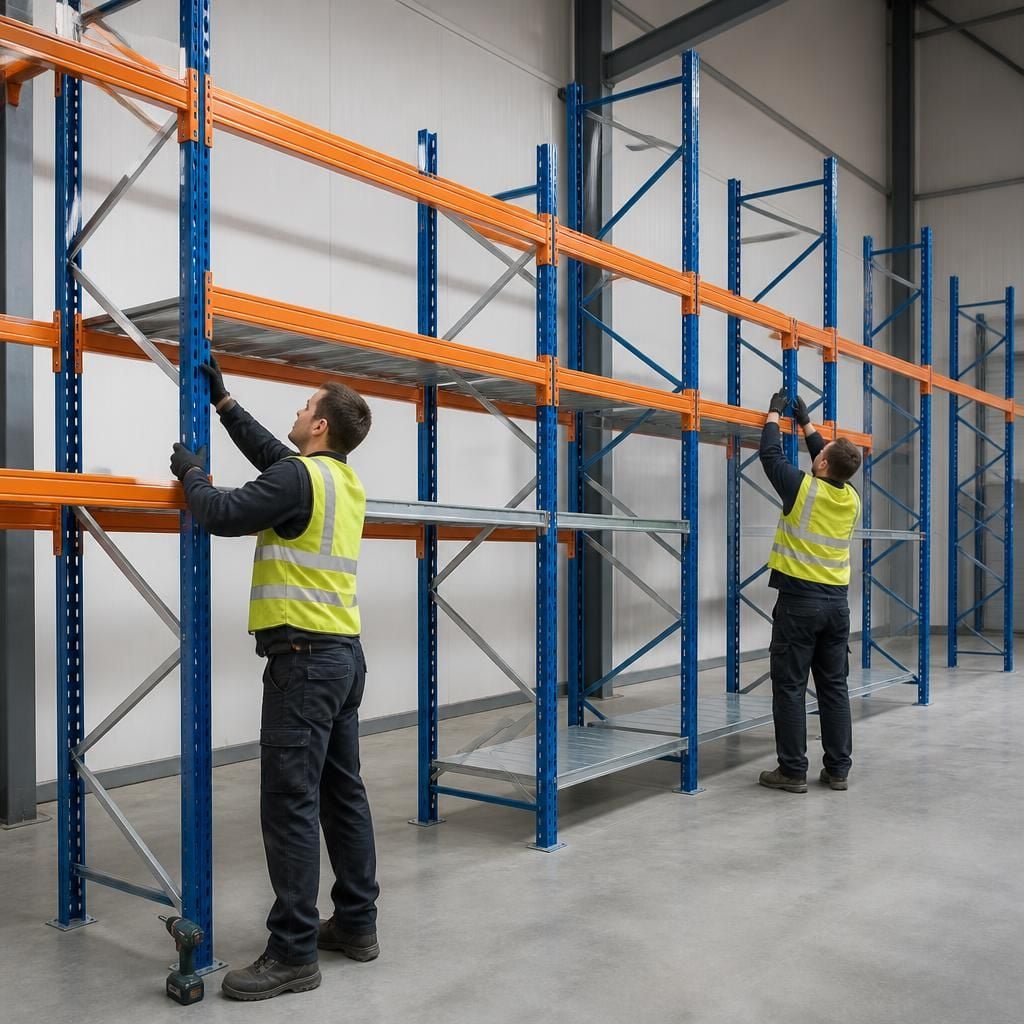 Workers fitting industrial shelving bays in a warehouse