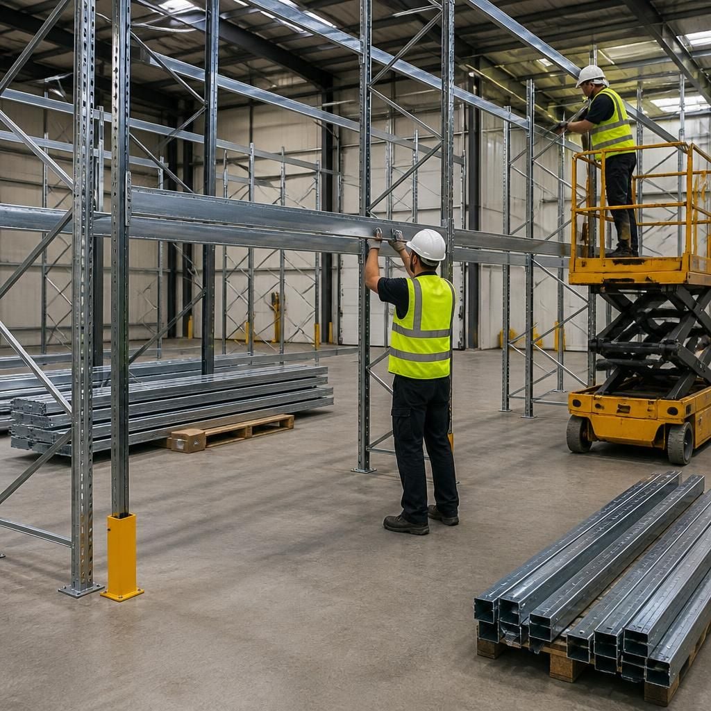Industrial shelving being installed inside a warehouse