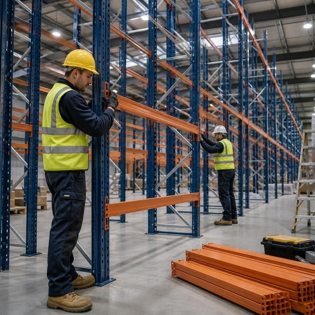 Workers assembling industrial shelving in a warehouse