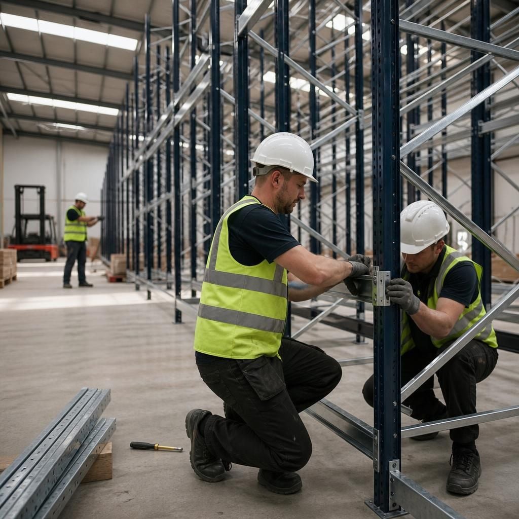 Installers assembling industrial shelving beside a warehouse aisle