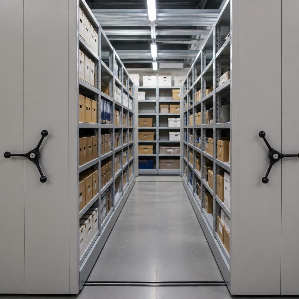 Mobile shelving bays with adjustable shelves and a central access aisle