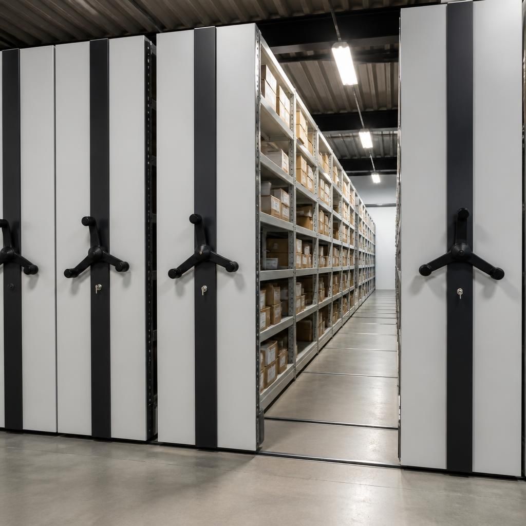 Rows of mobile shelving units with one access aisle open in a warehouse