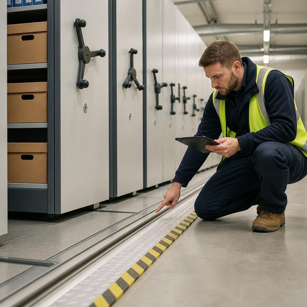Mobile shelving carriages, rails and access aisles being inspected