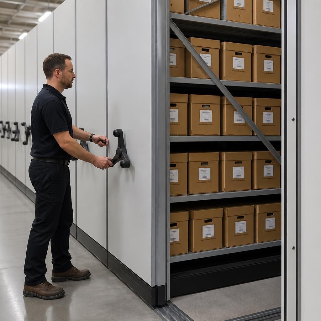 Mobile shelving units holding boxed stock in a warehouse aisle