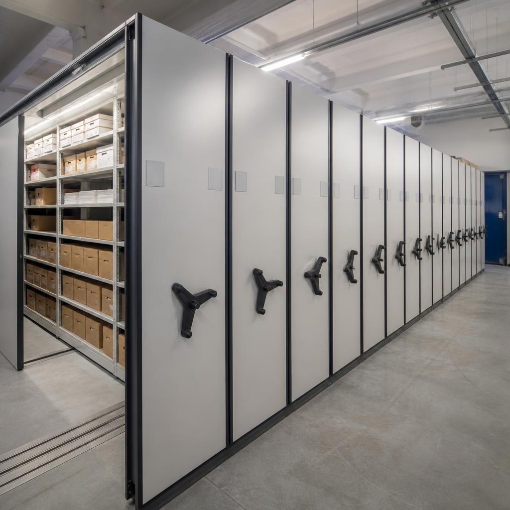 Mobile shelving units with closed aisles in a warehouse