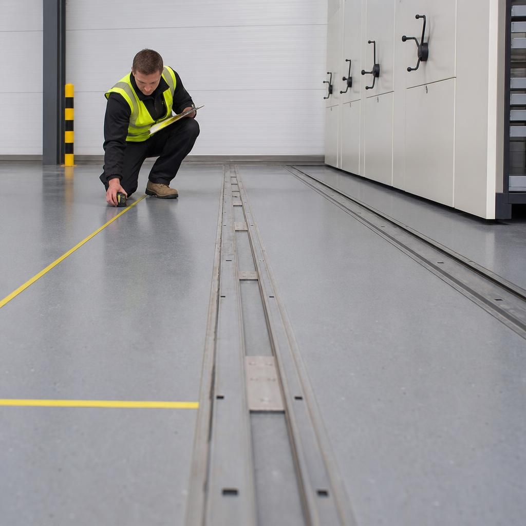 Mobile shelving tracks, floor surface and safety clearances marked for inspection