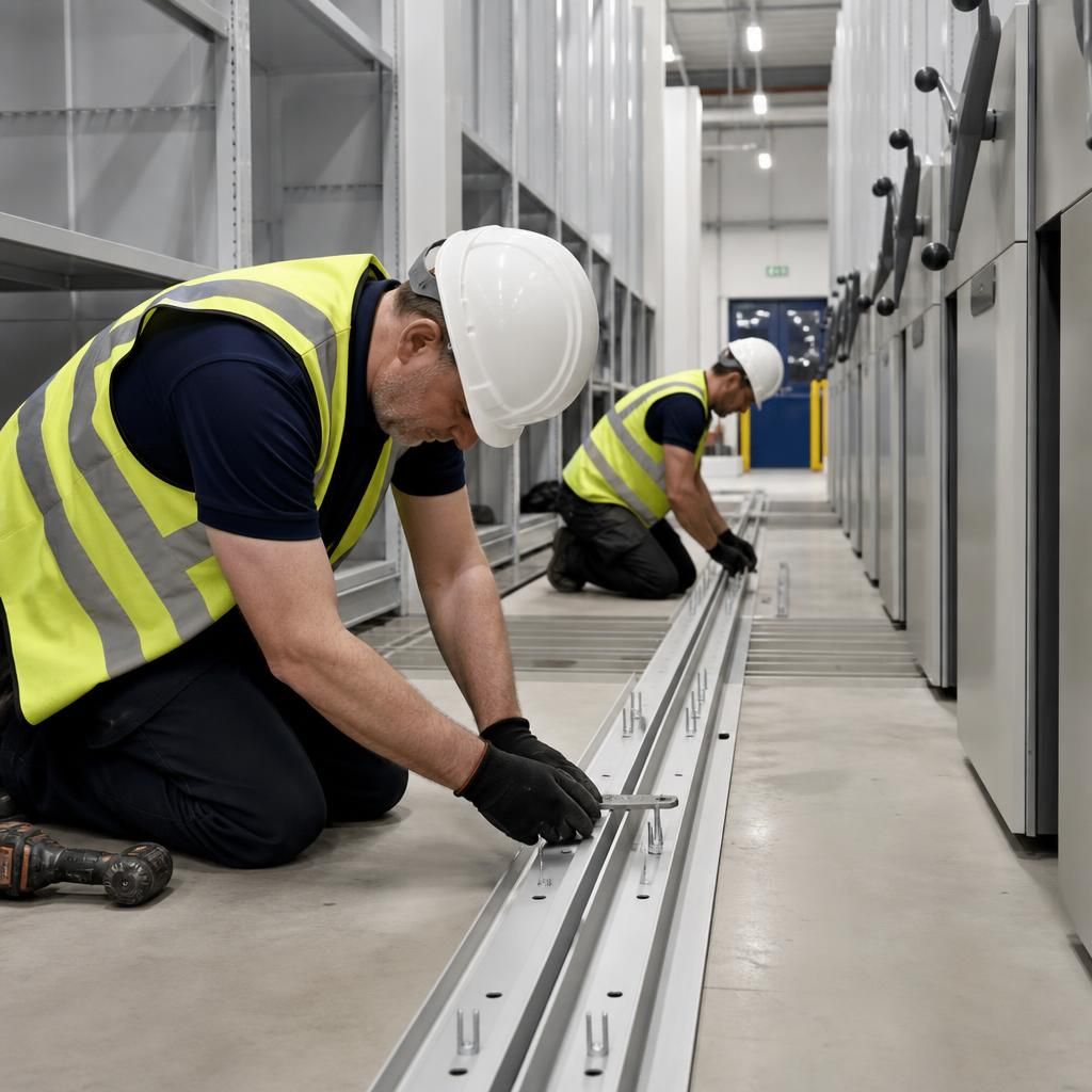 Workers assembling mobile shelving in a warehouse aisle