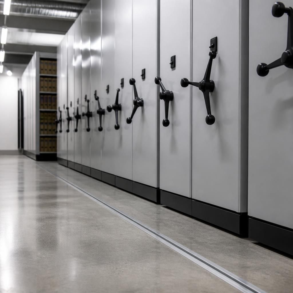 Mobile shelving carriages installed on floor-mounted rails