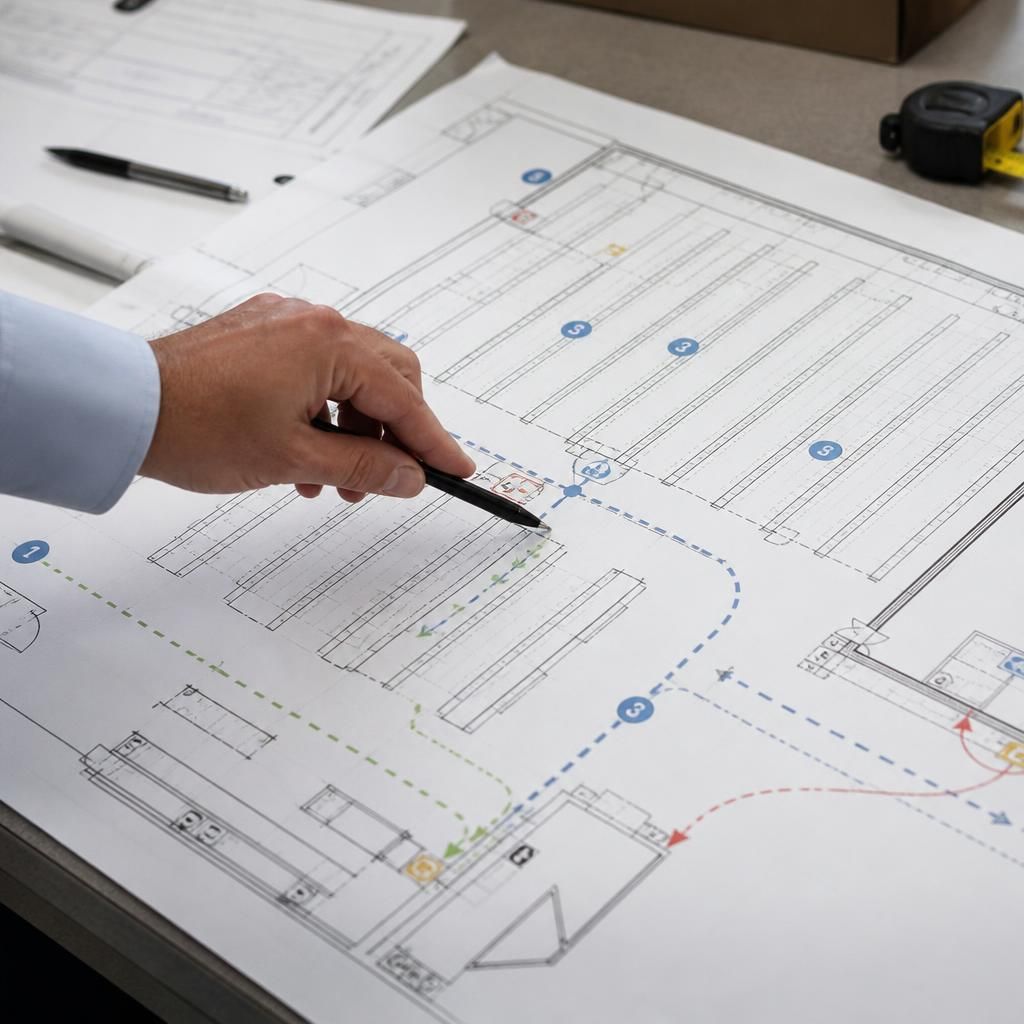 Mobile shelving layout drawing showing storage sections, access aisles and control points