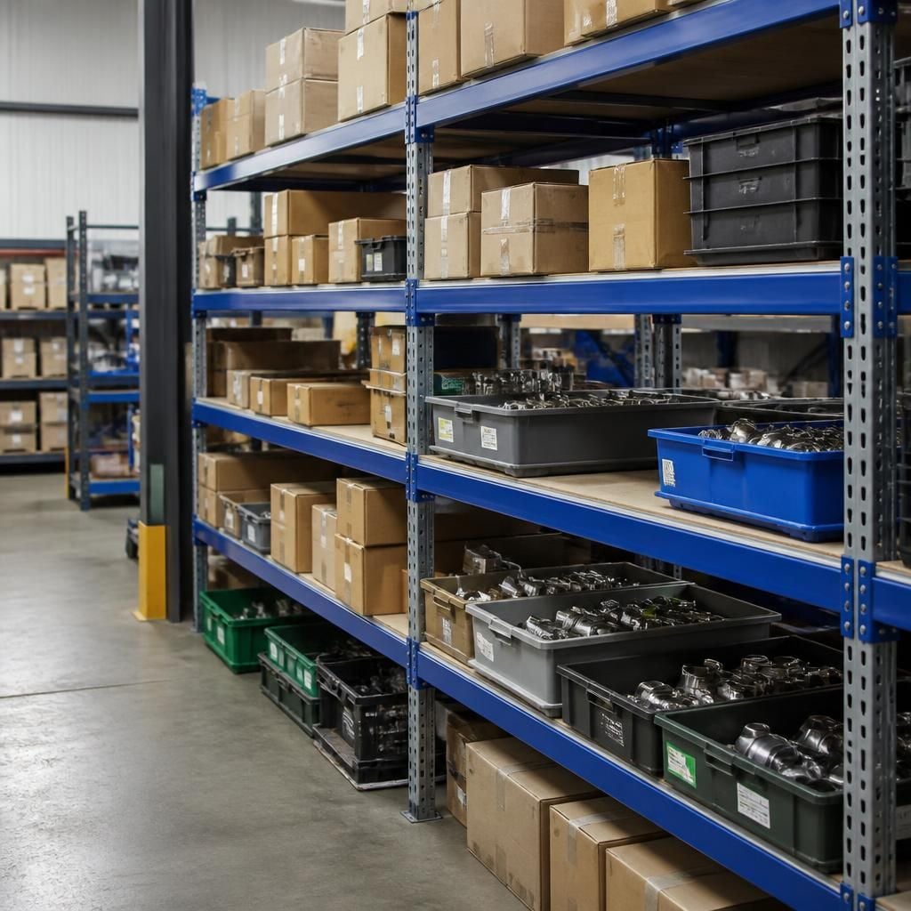 Commercial shelving holding cartons, containers and industrial parts in a warehouse