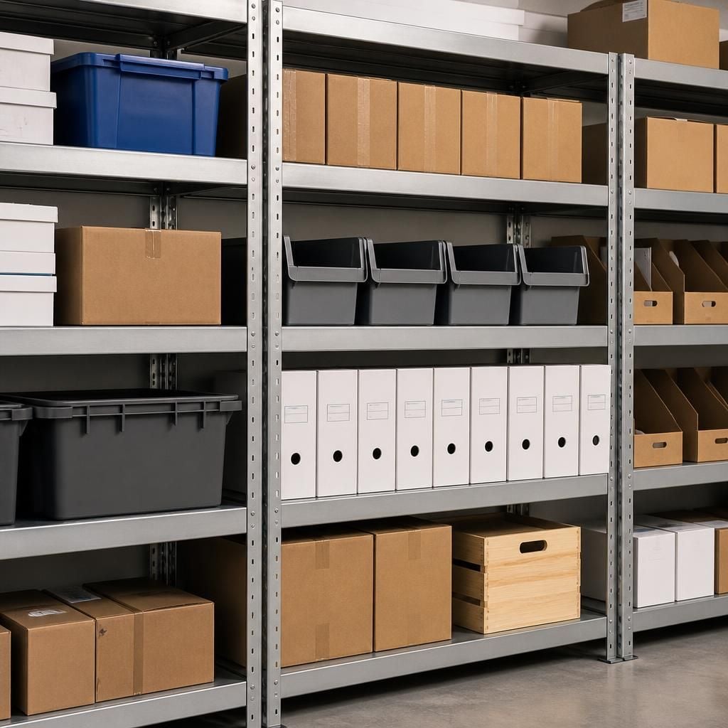 Adjustable shelving holding cartons, storage bins and archive boxes at different heights